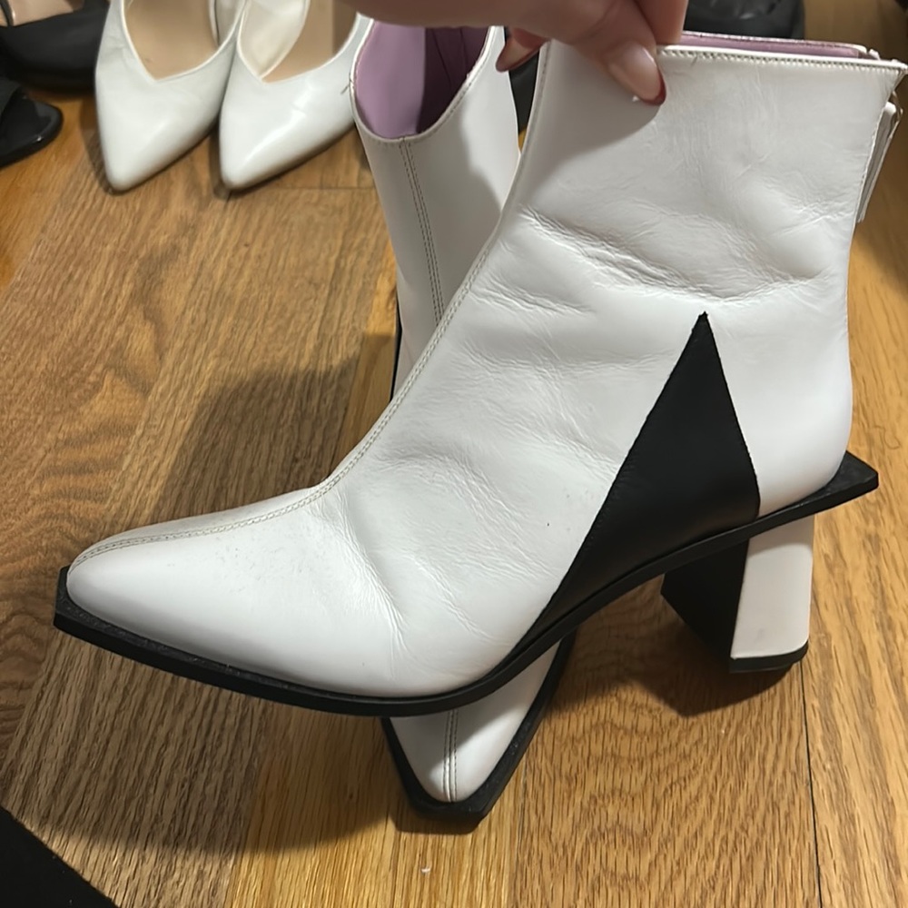 White and black ankle booties - imported from designer - leather block heels